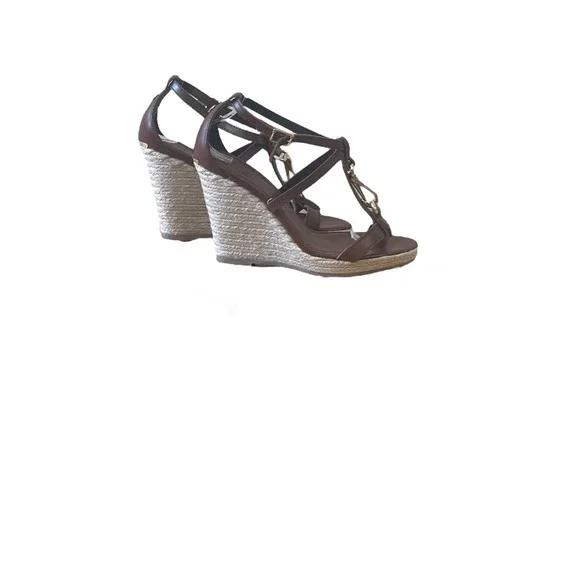 Burberry Brown Leather T-Strap Espadrille Wedge Sandals Size 36 - Picture 4 of 9